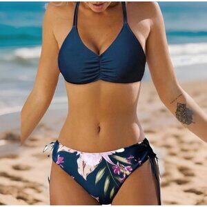 Cupshe Blue Floral Bikini XL Reversible 2 Piece Swimsuit Braided Straps Cheeky